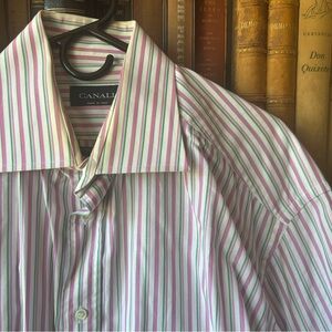 Canali Men's Striped Cotton Shirt - Green and Pink